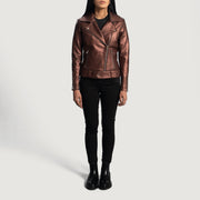 
Крупный план деталей of Notch & Zipper Hardware on Rumy Maroon Leather Biker Jacket