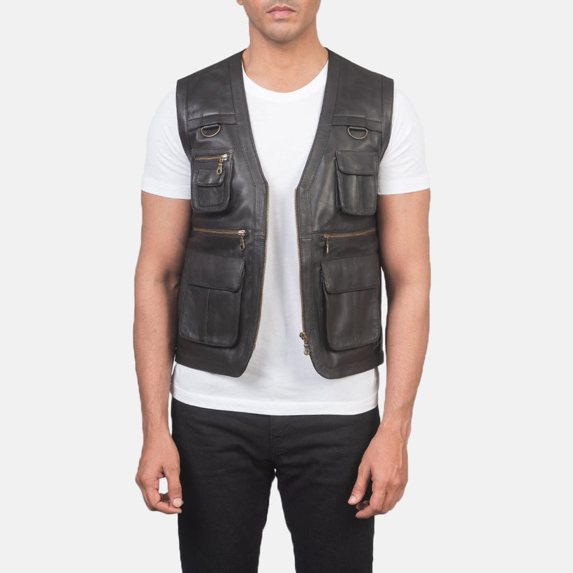 Men's Safari Brown Leather Vest in Brown Sheepskin Leather - Front Profile View & Tailored Silhouette | Buy Online