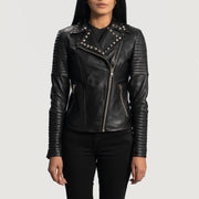 Women's Sally Mae Studded Black Leather Biker Jacket in Black Sheepskin Leather - Front Profile View &amp; Tailored Silhouette | Buy Online