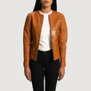 Women's Sandy Tan Dye Leather Biker Jacket - Lateral Side Profile View Showing Sleeve Cut &amp; Athletic Taper Fit