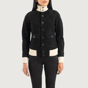 
Крупный план деталей of Knit Rib & Buttons Hardware on Sasha A1 Black Suede Bomber Jacket
