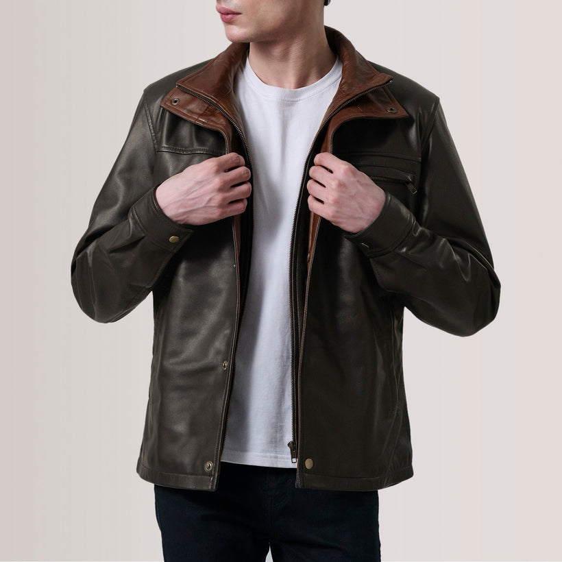 Sean Brown Leather Classic Jacket For Men in Brown Sheepskin Leather - Front Profile View & Tailored Silhouette | Buy Online
