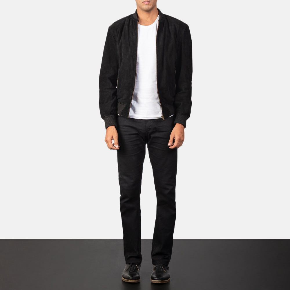 Men's Shane Black Suede Bomber Jacket - Lateral Side Profile View Showing Sleeve Cut &amp; Athletic Taper Fit