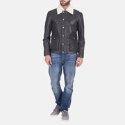 
Крупный план деталей of Shirt style Faux Shearling Collar & Zipper + Button Flap Hardware on Snow Cole Черный Кожаная куртка для Мужчин