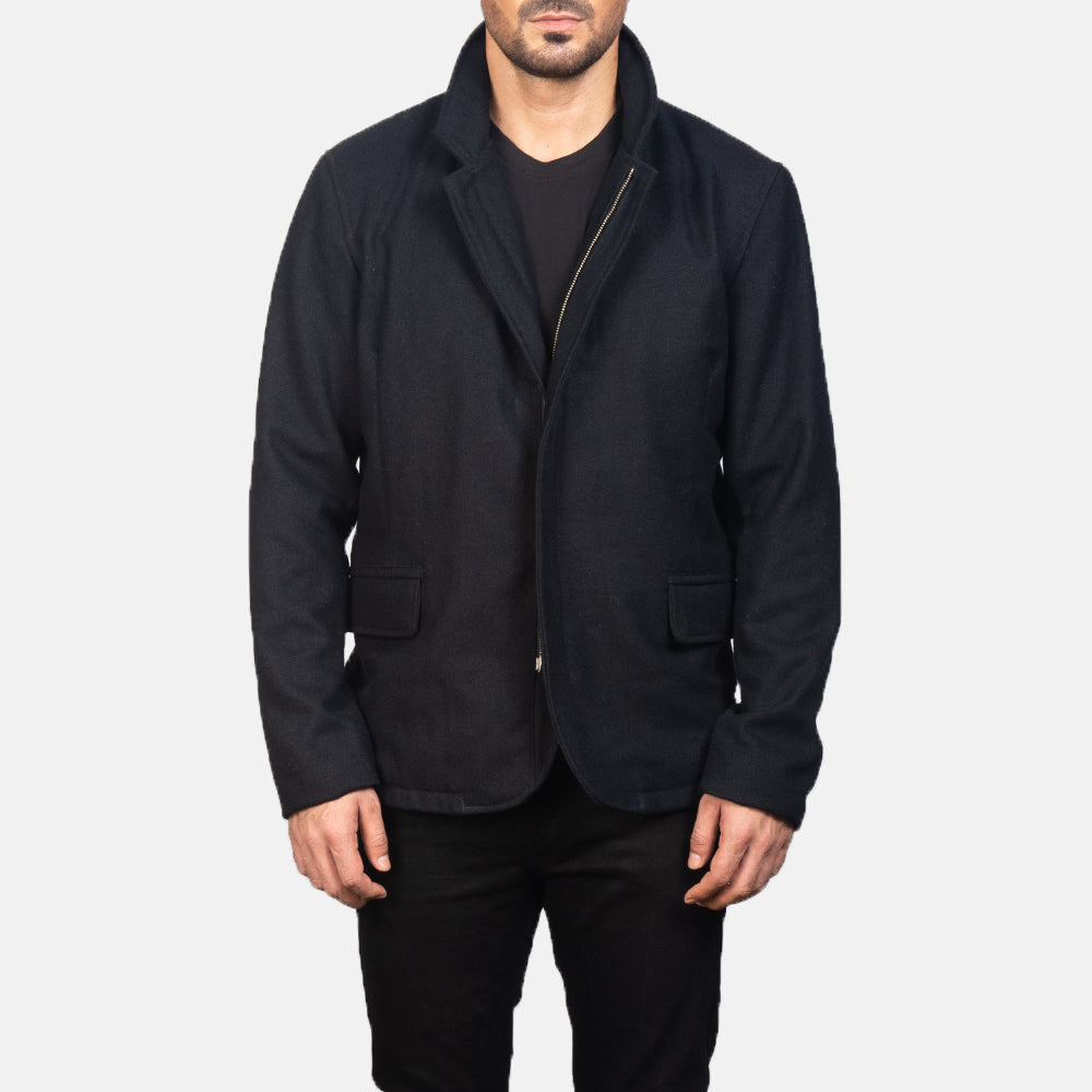 
Крупный план деталей of Nehru & Zipper with Dual Puller Hardware on Thomas Черный Wool Кожаная куртка для Мужчин