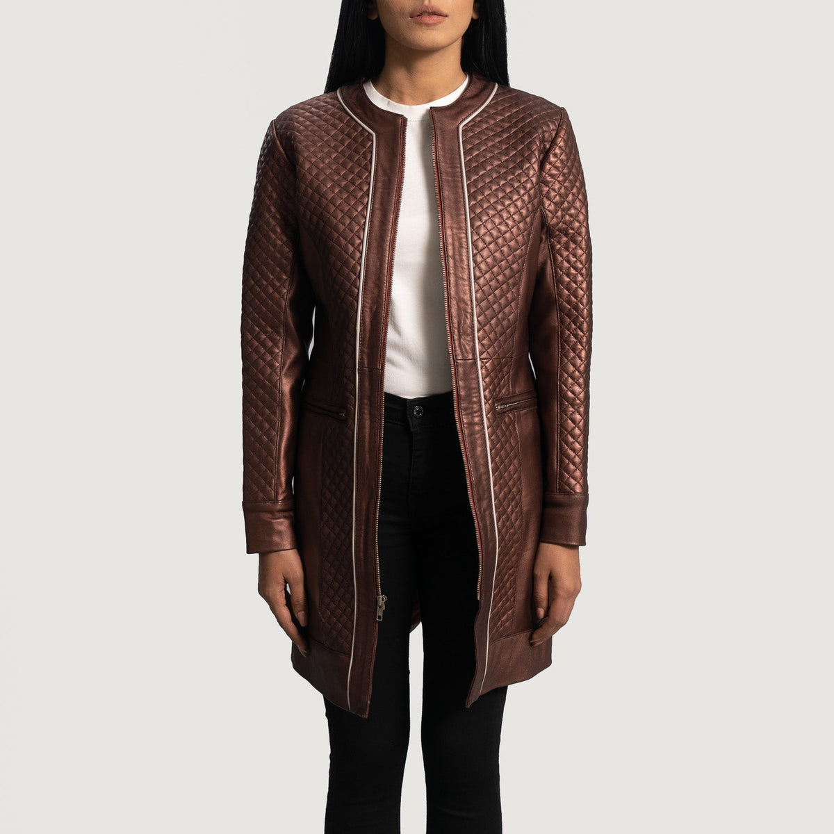 
Trudy Lane Стеганый Бордовый Кожаное пальто для Женщин in Maroon Sheepskin Leather - Вид спереди и приталенный силуэт | Купить в официальном онлайн-магазине