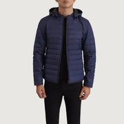 Tyler Blue Hooded Puffer Jacket in Blue Full-Grain Leather - Front Profile View &amp; Tailored Silhouette | Buy Online