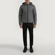 Tyler Grey Hooded Puffer Jacket - Lateral Side Profile View Showing Sleeve Cut &amp; Athletic Taper Fit