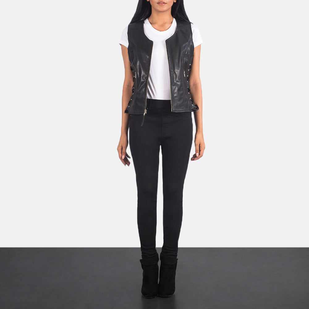 Women's Vanda Black Leather Biker Vest - Lateral Side Profile View Showing Sleeve Cut &amp; Athletic Taper Fit