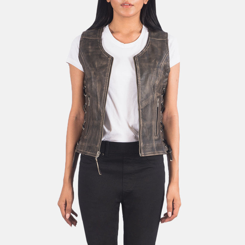 Vanda Distressed Коричневая Leather Biker Vest женская