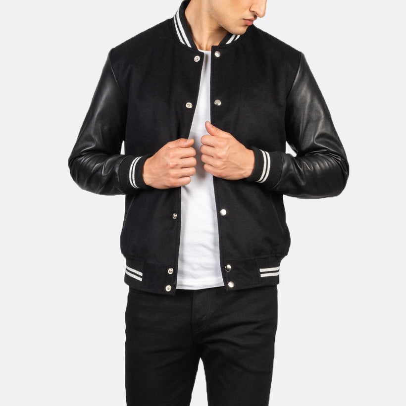 Vaxton Черная Striped Hybrid Varsity Кожаная куртка мужская