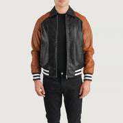 
Walton Blue Leather Varsity Jacket in Blue Sheepskin Leather - Вид спереди и приталенный силуэт | Купить в официальном онлайн-магазине
