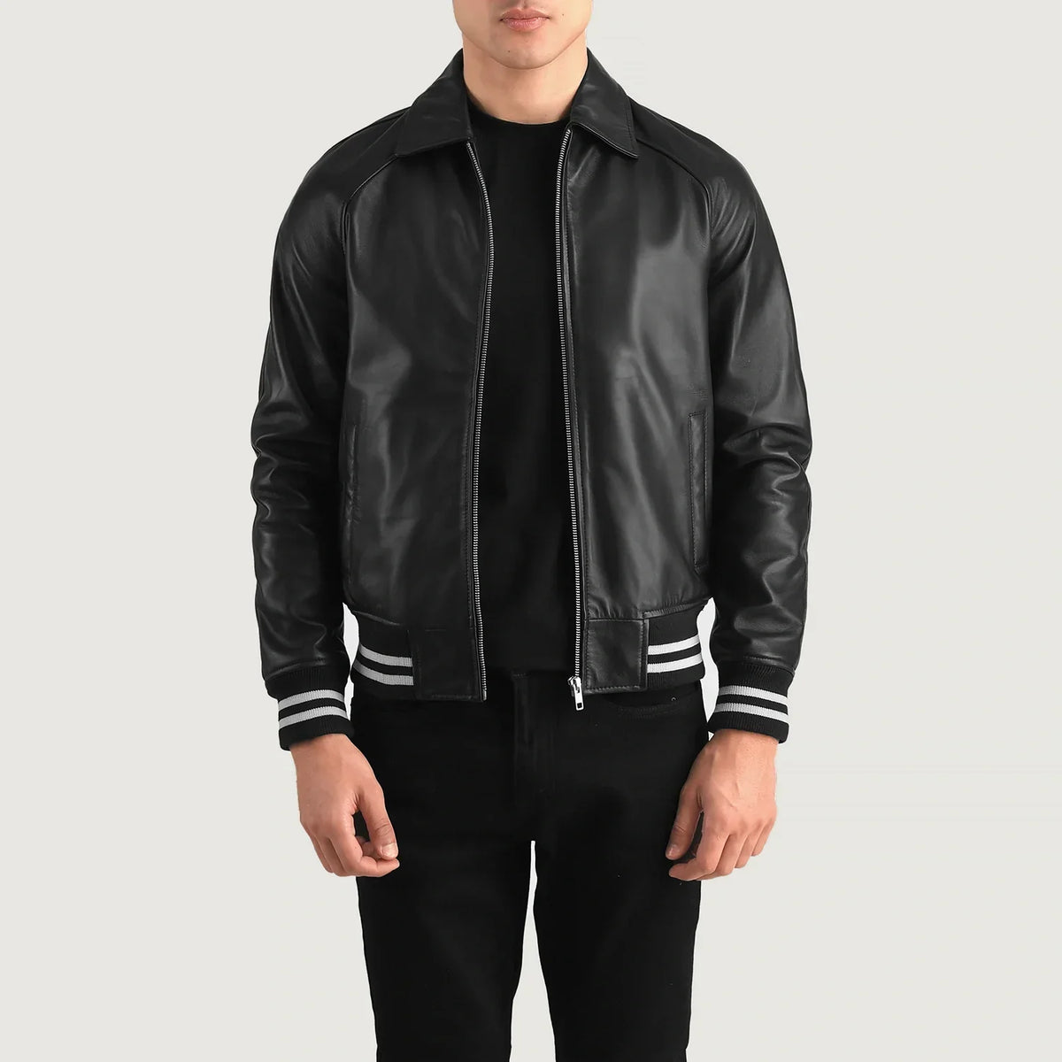 
Tailored Rib Cuffs & Hem Craftsmanship Construction Detail on Walton Blue Leather Varsity Jacket