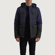 
Wayne Черный & Синий Hooded Puffer Кожаная куртка для Мужчин in Black + Blue Full-Grain Leather - Вид спереди и приталенный силуэт | Купить в официальном онлайн-магазине