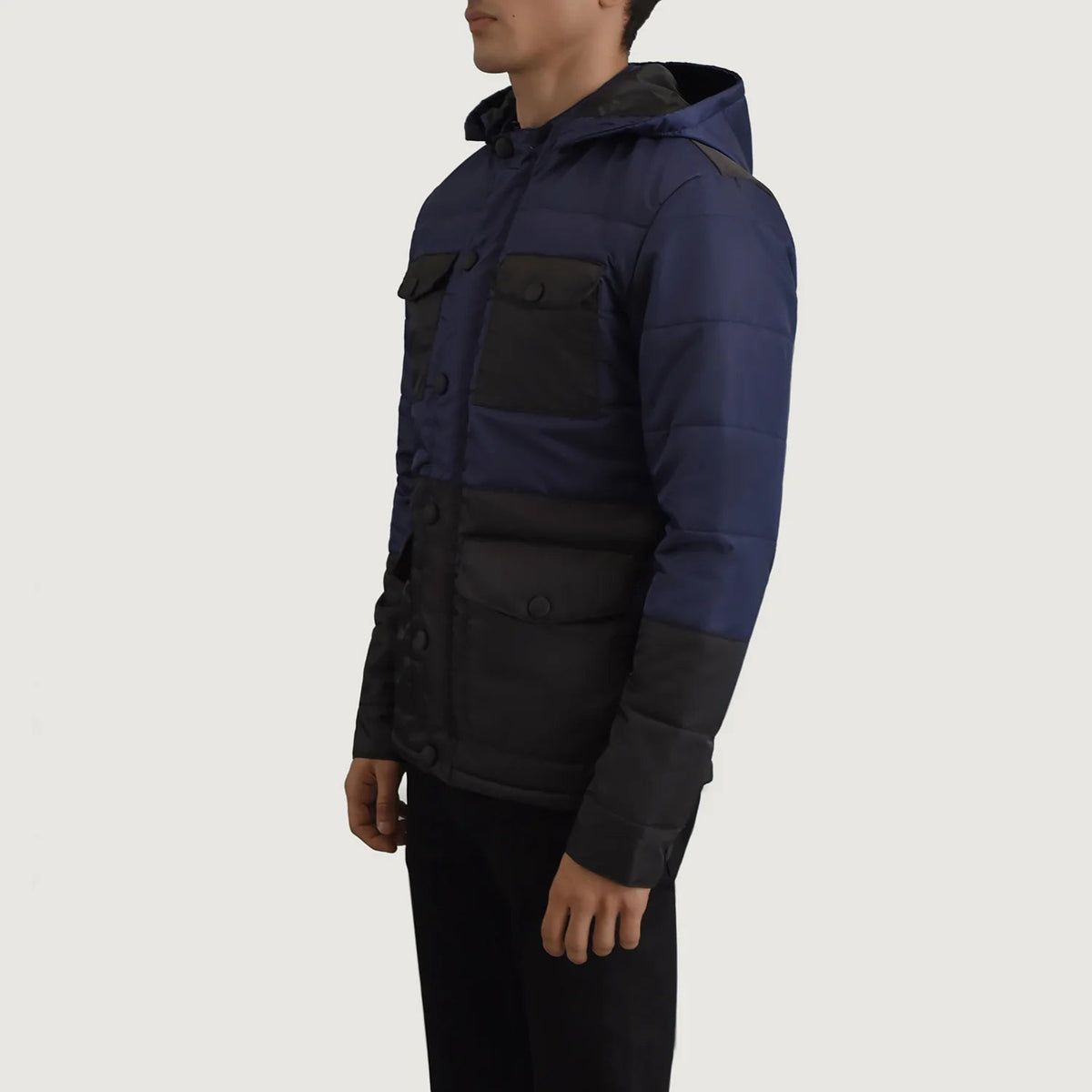 
Black + Blue Full-Grain Leather Hooded Jacket - Вид сзади, подчеркивающий посадку по плечам и ровный край