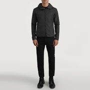 
Wesley Черный Hooded Windbreaker Кожаная куртка для Мужчин - Вид сбоку, демонстрирующий эргономичный крой рукава