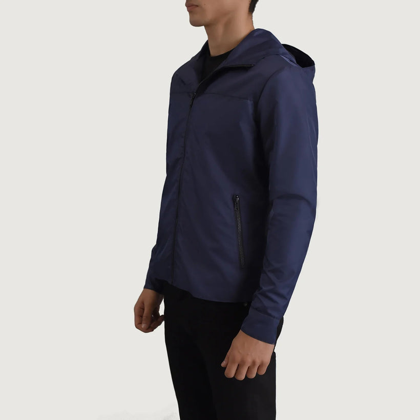 Wesley Синий Hooded Windbreaker Кожаная куртка для Мужчин