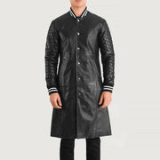 Close-Up Detail of Varsity collar &amp; Snap Button button Hardware on Wilde Black Leather Varsity Coat