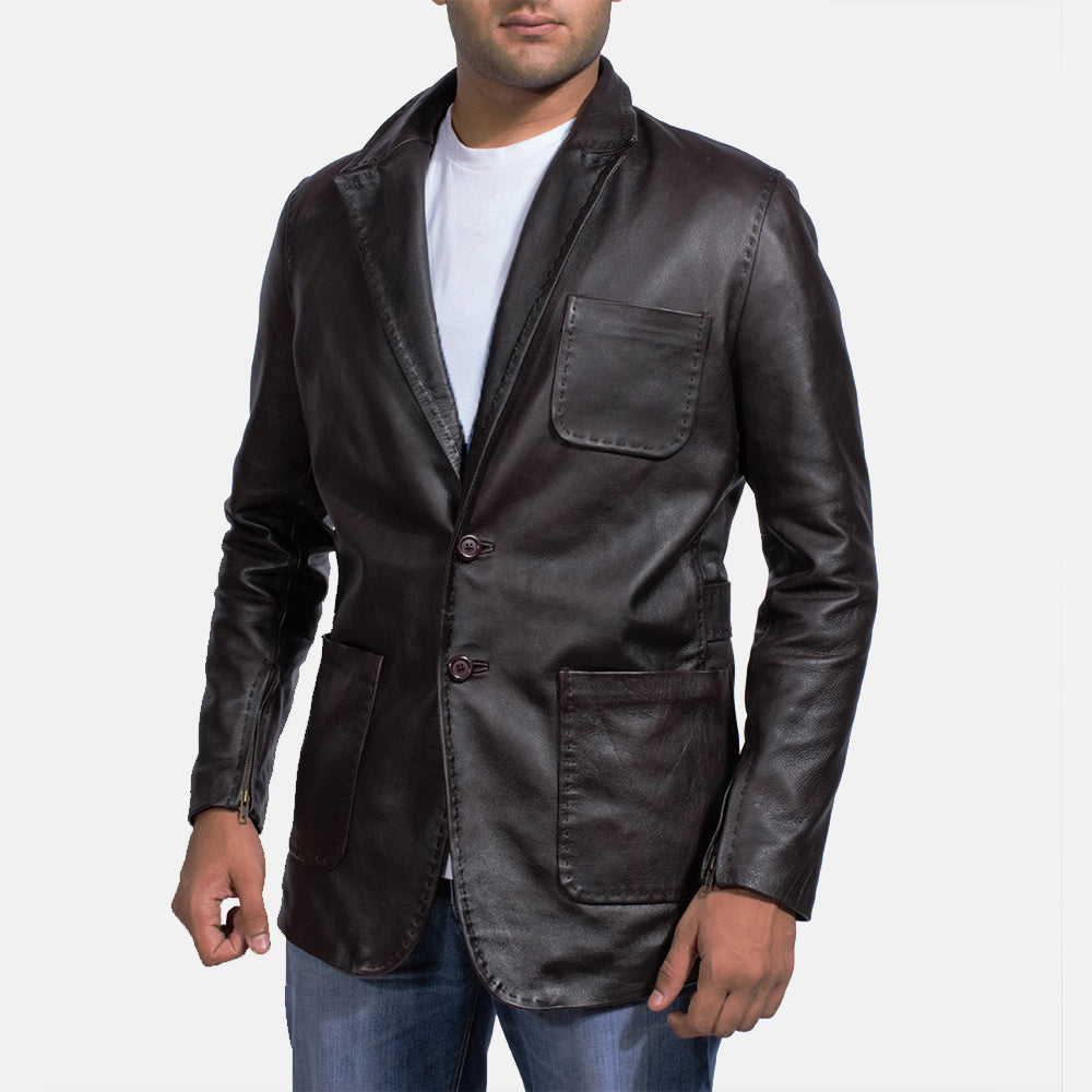 Men's Wine Black Leather Blazer in Dark Brown Cow Hide Leather - Front Profile View &amp; Tailored Silhouette | Buy Online