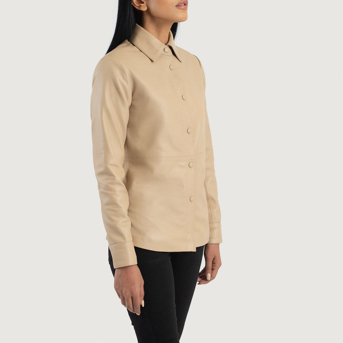Beige Sheepskin Leather Biker Jacket - Back View Showing Tailored Shoulder Fit &amp; Clean Hemline